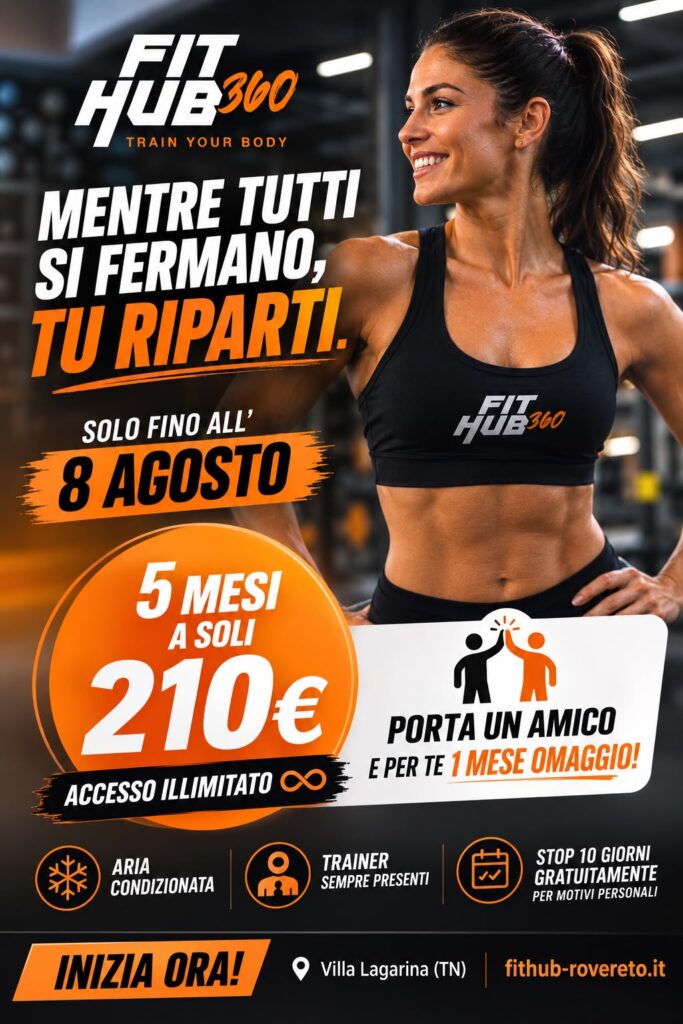 SUMMER PROMO! 
FINO ALL'8 AGOSTO!
5 MESI SALA FITNESS ILLIMITATA A SOLI 210 EURO. 
POSTI LIMITATI!